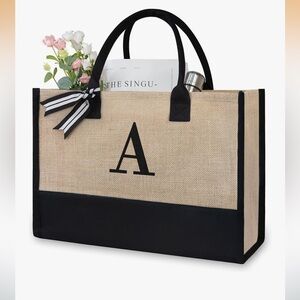 NWOT TopDesign Monogram Jute Tote Bag with Black Trim